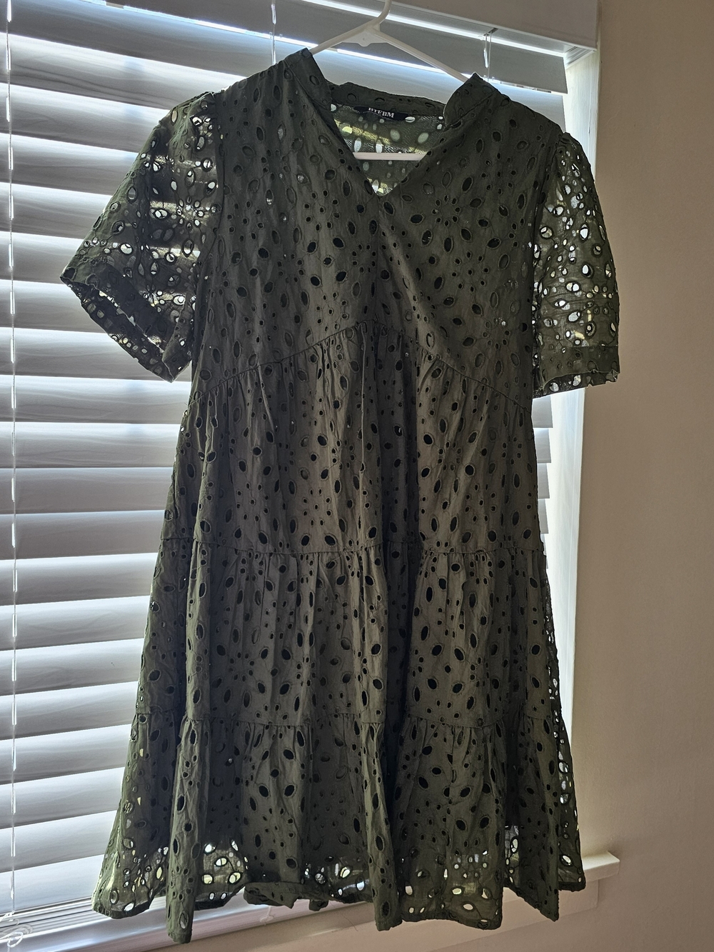 Tiered Eyelet Short Sleeve Dress in Olive Green